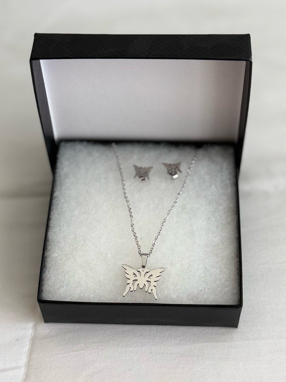 Butterfly Pendant Necklace and Stud Earrings Set - Stainless Steel Silver